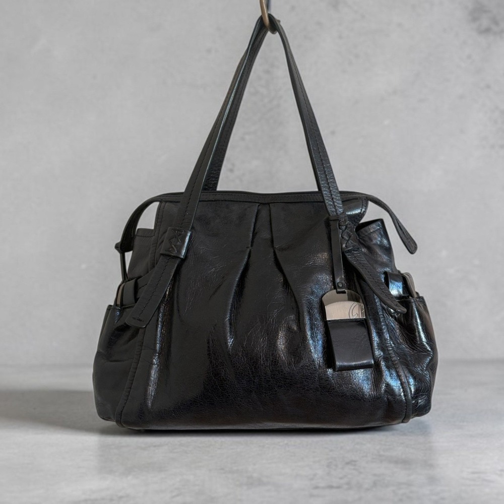 Francesco Biasia Vintage Black Leather Shoulder Bag Ruched Y2K Satchel Italy